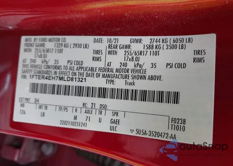 2021 Ford Ranger Xlt from USA, damaged, VIN 1FTER4EH7MLD81321